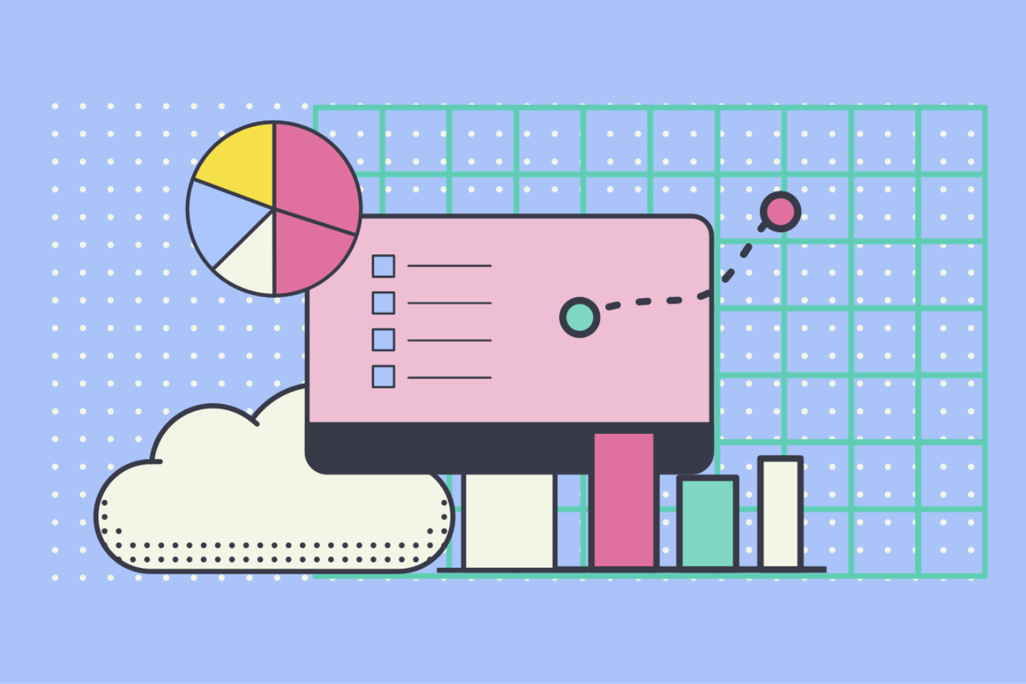 Abstract of a computer monitor, pie chart, bar graph, and cloud against a spreadsheet. Financial Planning Concept.