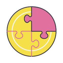 Illustration of puzzle. Pink piece fitting in with yellow puzzle,.