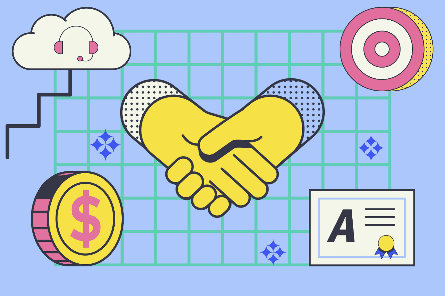 Abstract depicting a graph with illustrations of a handshake, target, dollar coin, customer service cloud, a certificate and Netvesco icons. About Netvesco Concept.