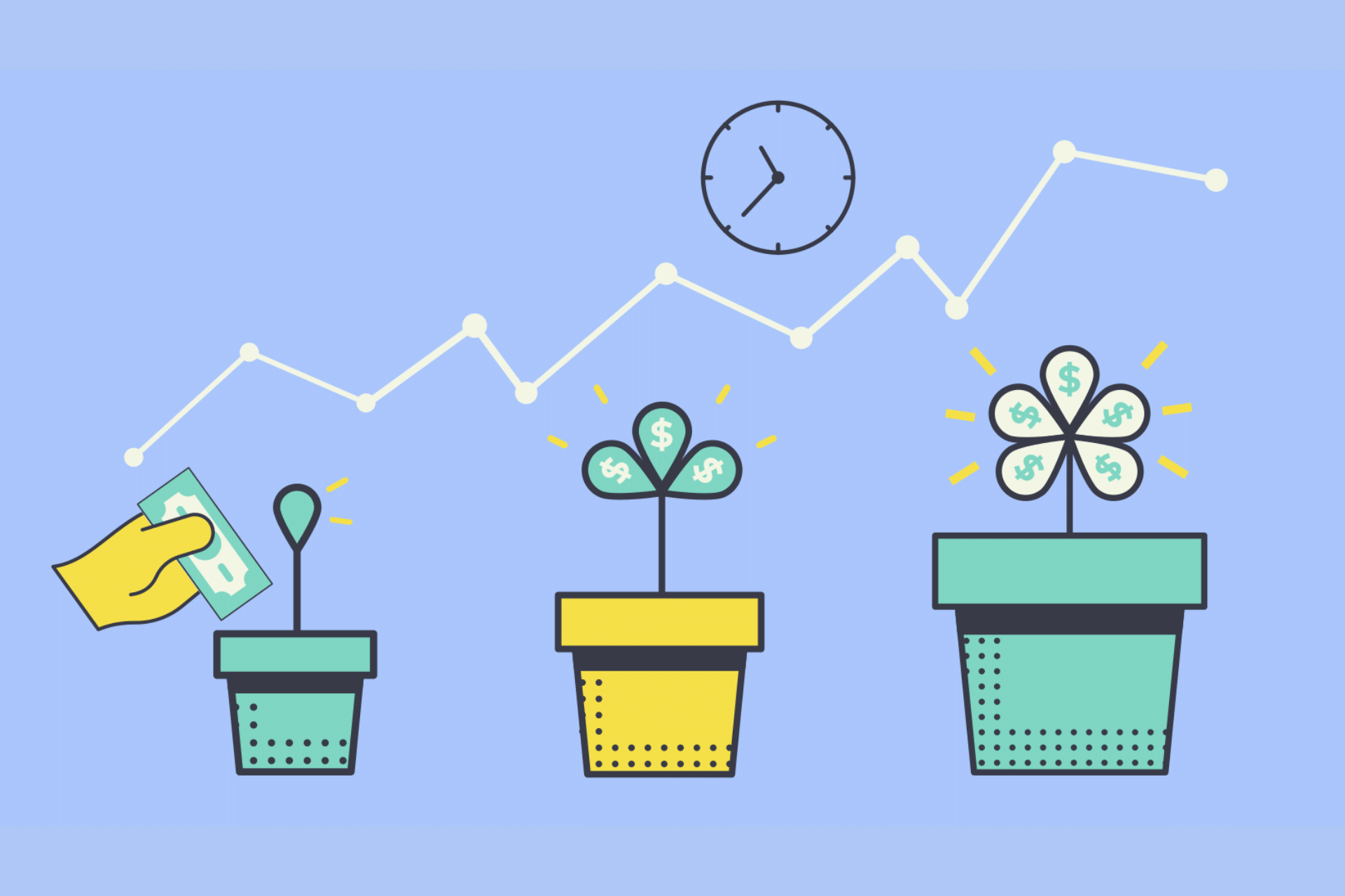 Abstract Illustration of Growth depicted by a hand putting a dollar in a flower pot and the two succeeding flower pots bear more petals. Growth chart and a clock on top.