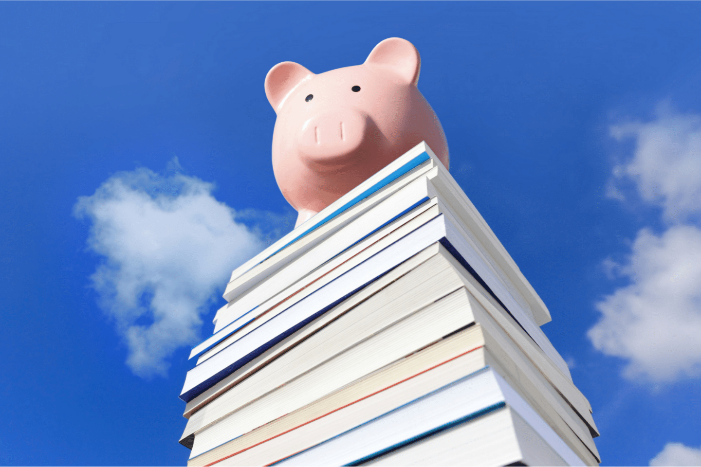 Piggy bank sits atop a stack pf books. Investor Education Services Concept.