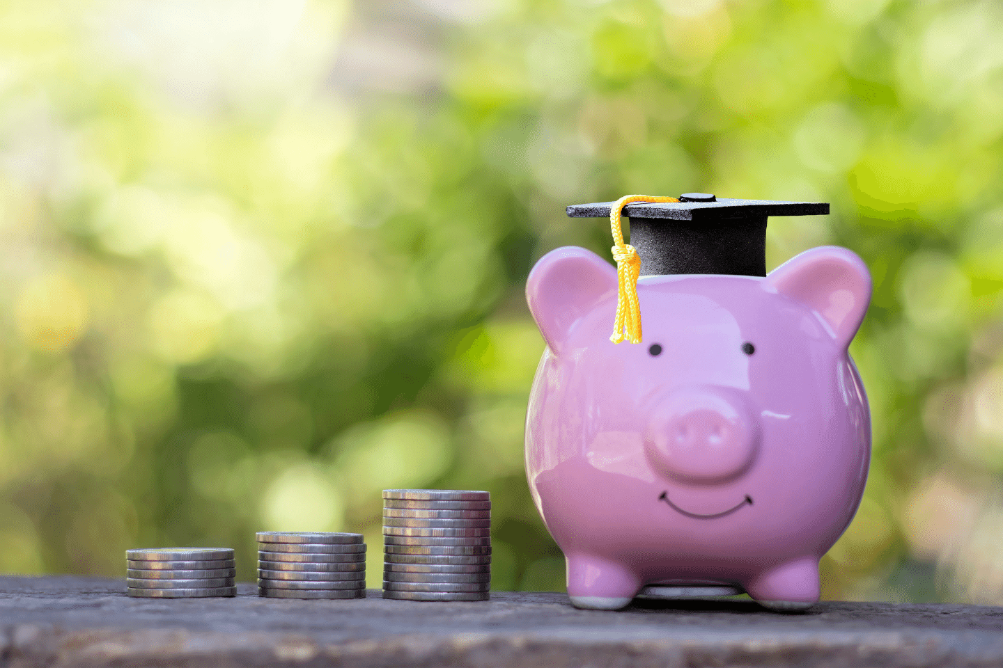 Graduate Hats Placed on Piggy Banks and Coins Stacked on the Wooden Floor. Education Ideas and Educational Savings. College Savings Concept.