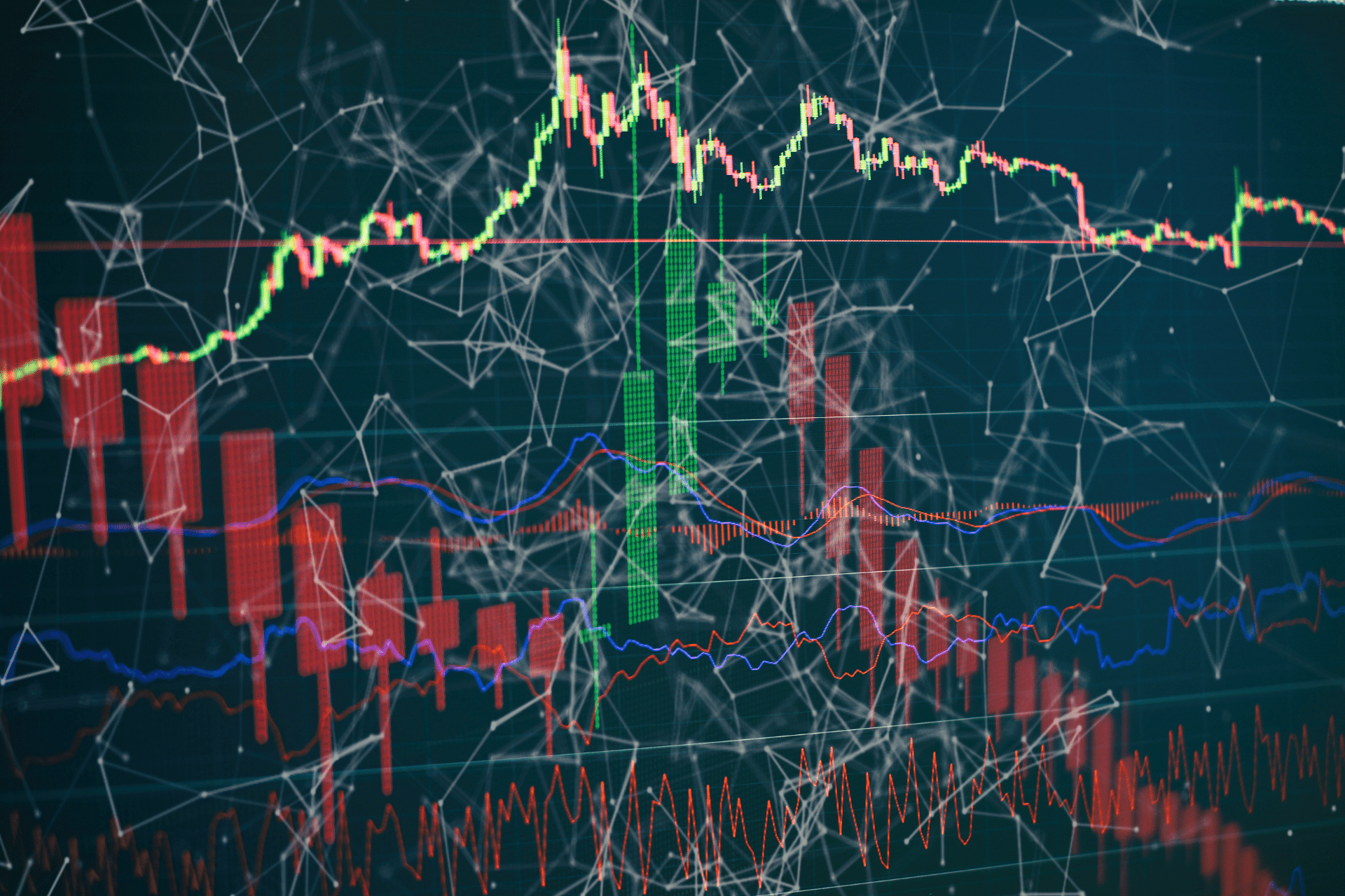 Technical price graph. Red and green candlestick chart. Market volatility up and down trend. Crypto background. Investment Concept