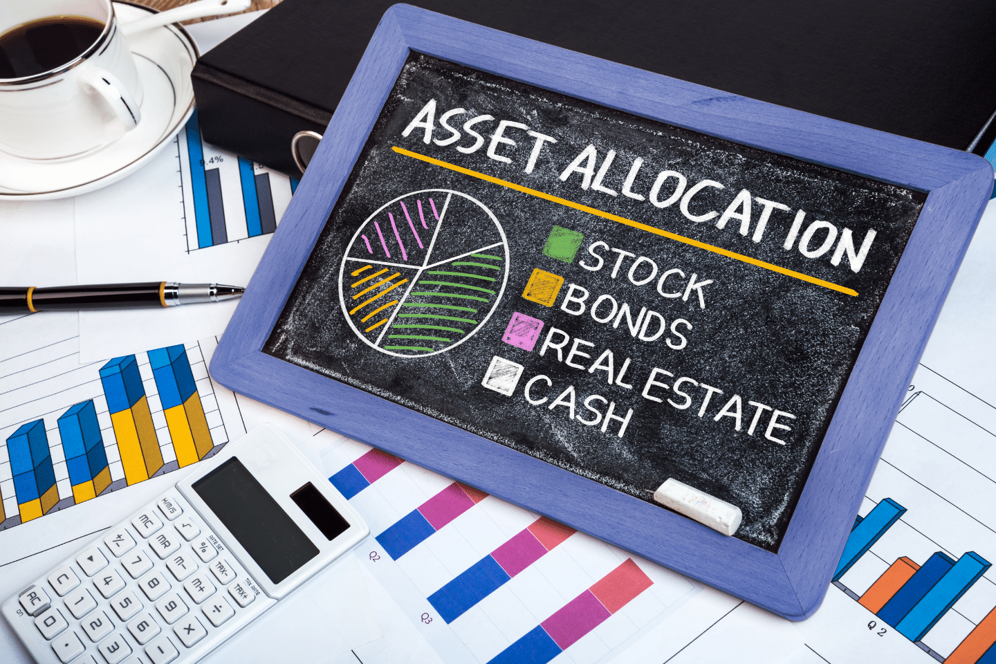 Asset allocation concept graph on blackboard. Save More Money Concept.