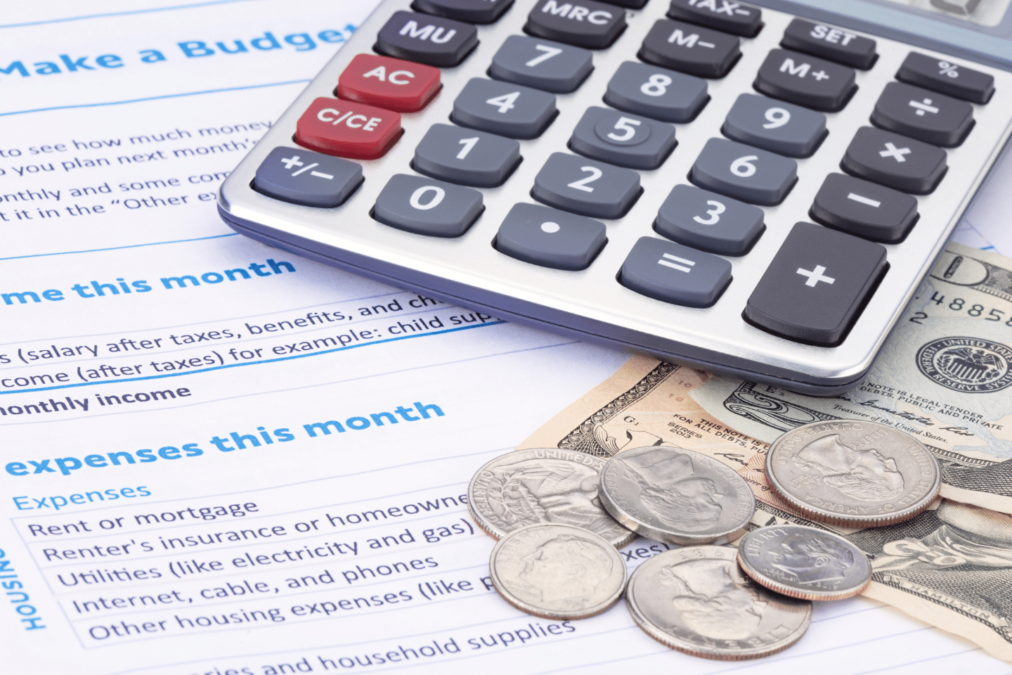 Household Budget: Household budget worksheet with calculator and money. Save More Money Concept