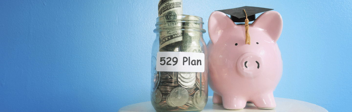 529 College Savings Plan: Piggy bank with graduation cap and 529 Plan coin jar