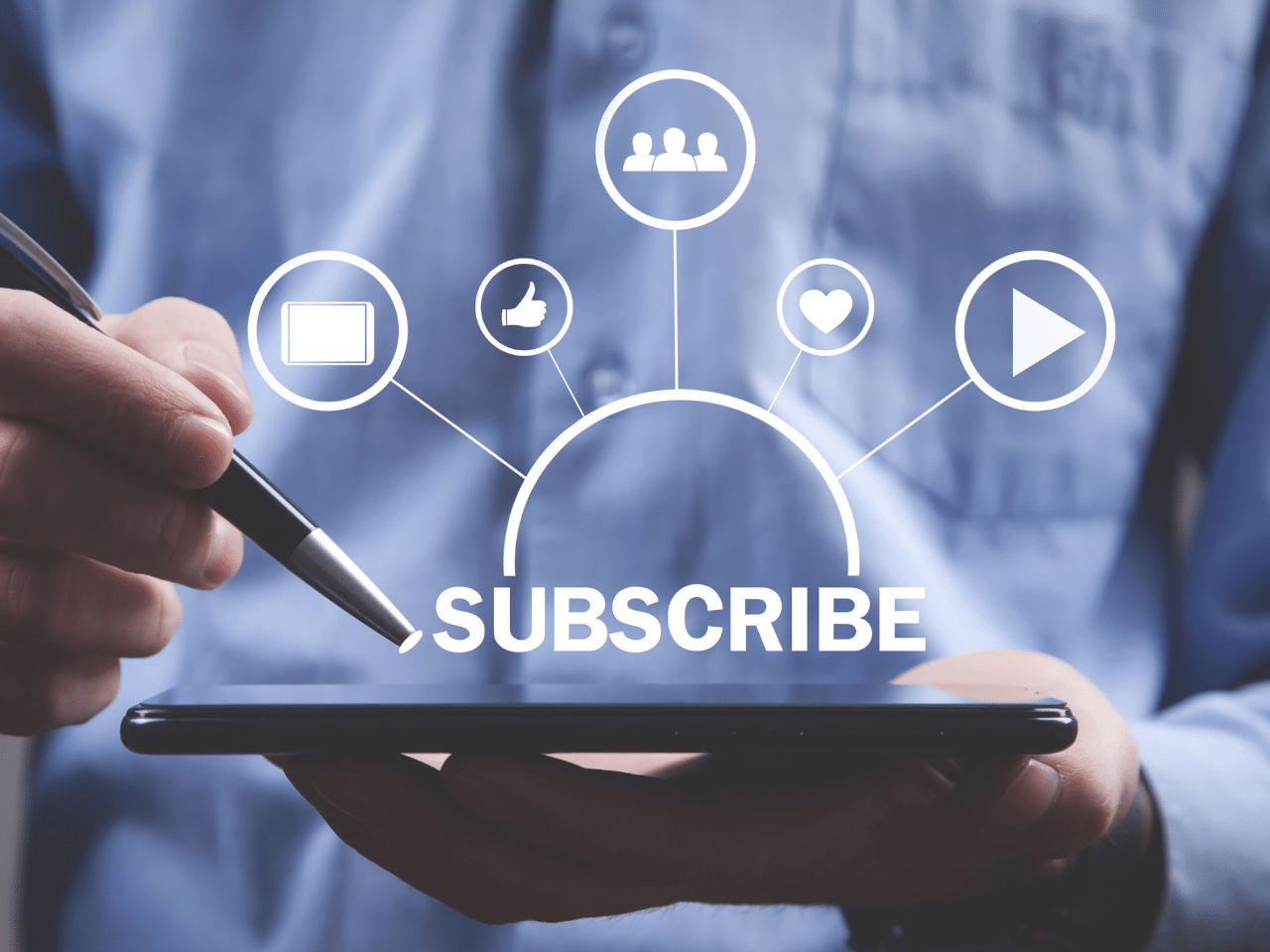 Man holding a digital tablet. Subscribe Concept.